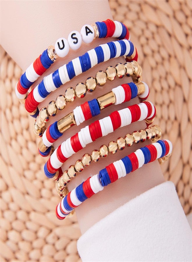 WCRAZYE 4th of July Bracelets for Men Women Handmade Red White Blue American Flag USA Clay Beaded Stretch Stackable Bracelets Patriotic Friendship Jewelry Gifts (4th of July Bracelet) - Image 2