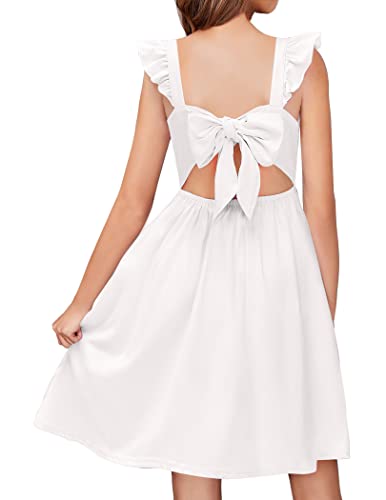 Arshiner Girls Summer Dresses Square Neck Ruffle Sleeve Tie Back A-Line Swing Casual Midi Dress with Pockets White - Image 1