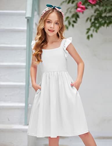 Arshiner Girls Summer Dresses Square Neck Ruffle Sleeve Tie Back A-Line Swing Casual Midi Dress with Pockets White - Image 4