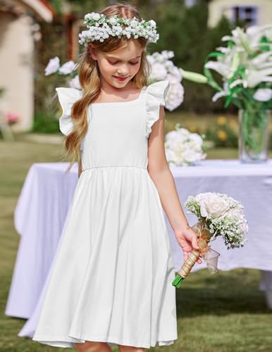 Arshiner Girls Summer Dresses Square Neck Ruffle Sleeve Tie Back A-Line Swing Casual Midi Dress with Pockets White - Image 5