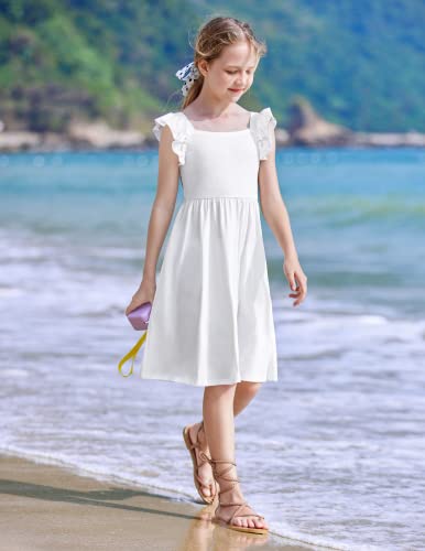 Arshiner Girls Summer Dresses Square Neck Ruffle Sleeve Tie Back A-Line Swing Casual Midi Dress with Pockets White - Image 2
