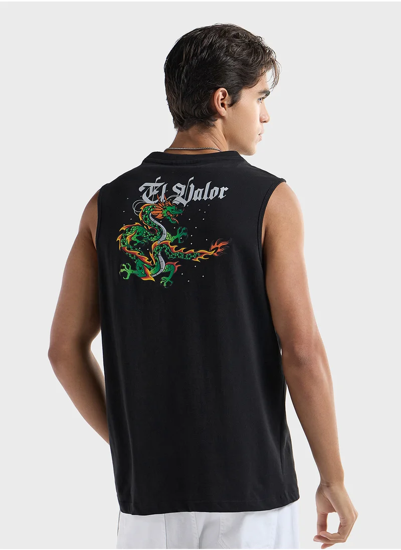 فاف Dragon Print Sleeveless T-shirt with Crew Neck