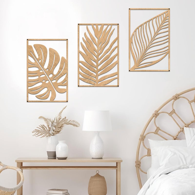 Resama 3 Pcs Boho Metal Wall Art Decor Leaf Sign Wall Vintage Tropical Plant Wall Rustic Palm Leaf Metal Wall Sculpture for Living room Bathroom Bedroom Office (Oak) - Image 1