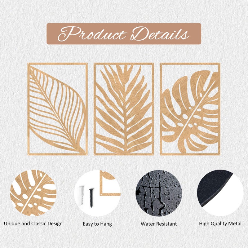 Resama 3 Pcs Boho Metal Wall Art Decor Leaf Sign Wall Vintage Tropical Plant Wall Rustic Palm Leaf Metal Wall Sculpture for Living room Bathroom Bedroom Office (Oak) - Image 3