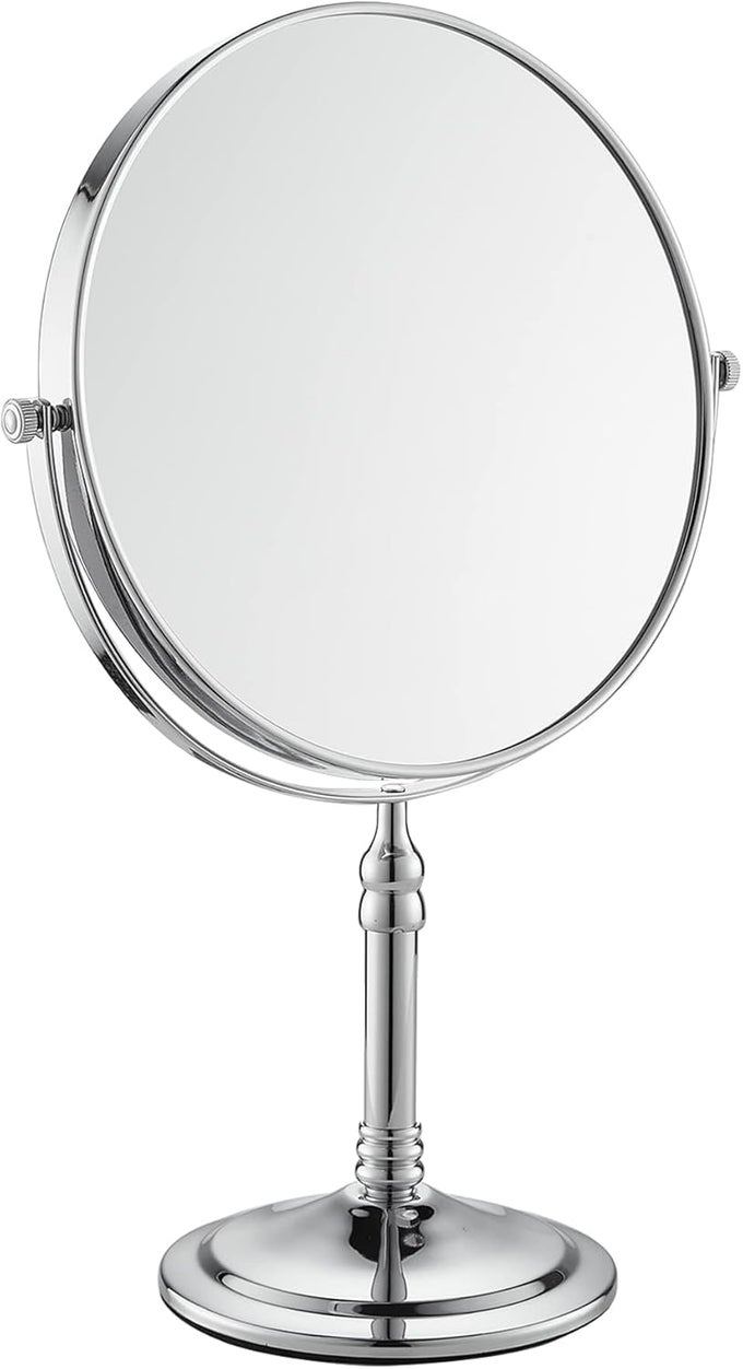 SILVER MAKEUP MIRROR 1X/10X FREE STANDING 8 INCHES 360 SWIVEL DUAL-SIDED TABLETOP MAKEUP MIRROR, METAL