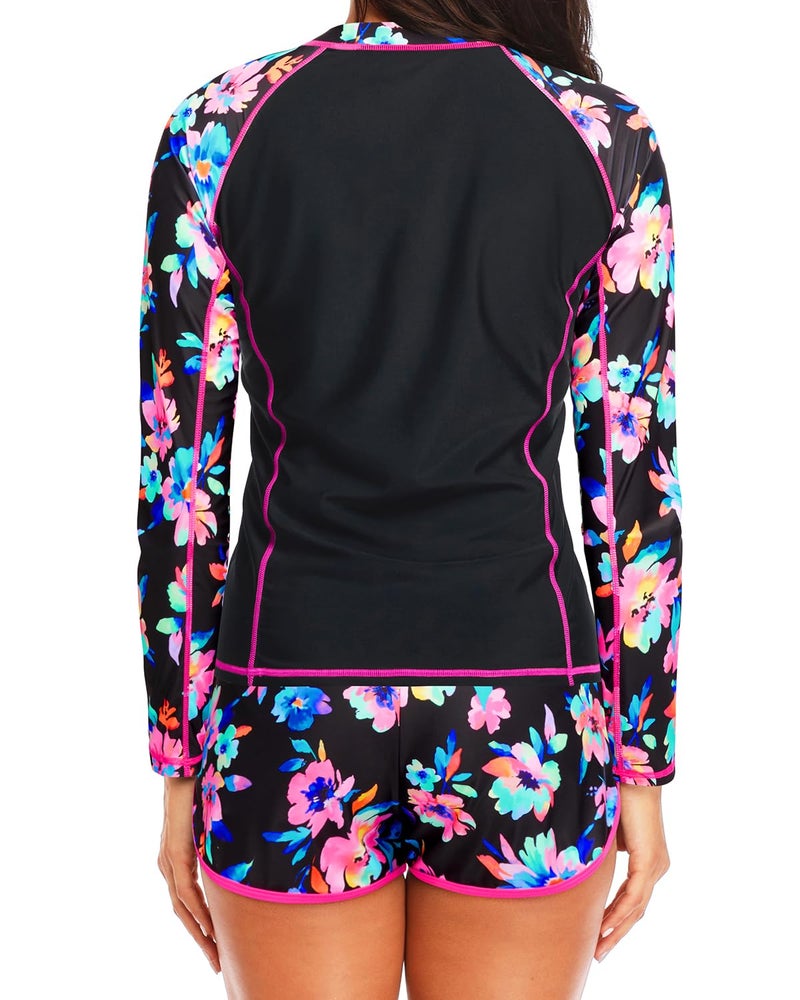Daci Women's Long Sleeves Rash Guard - 2 Piece Swimsuits with Built in Bra Swim Shirt and Shorts with Pockets Pink Colorful Floral M - Image 2