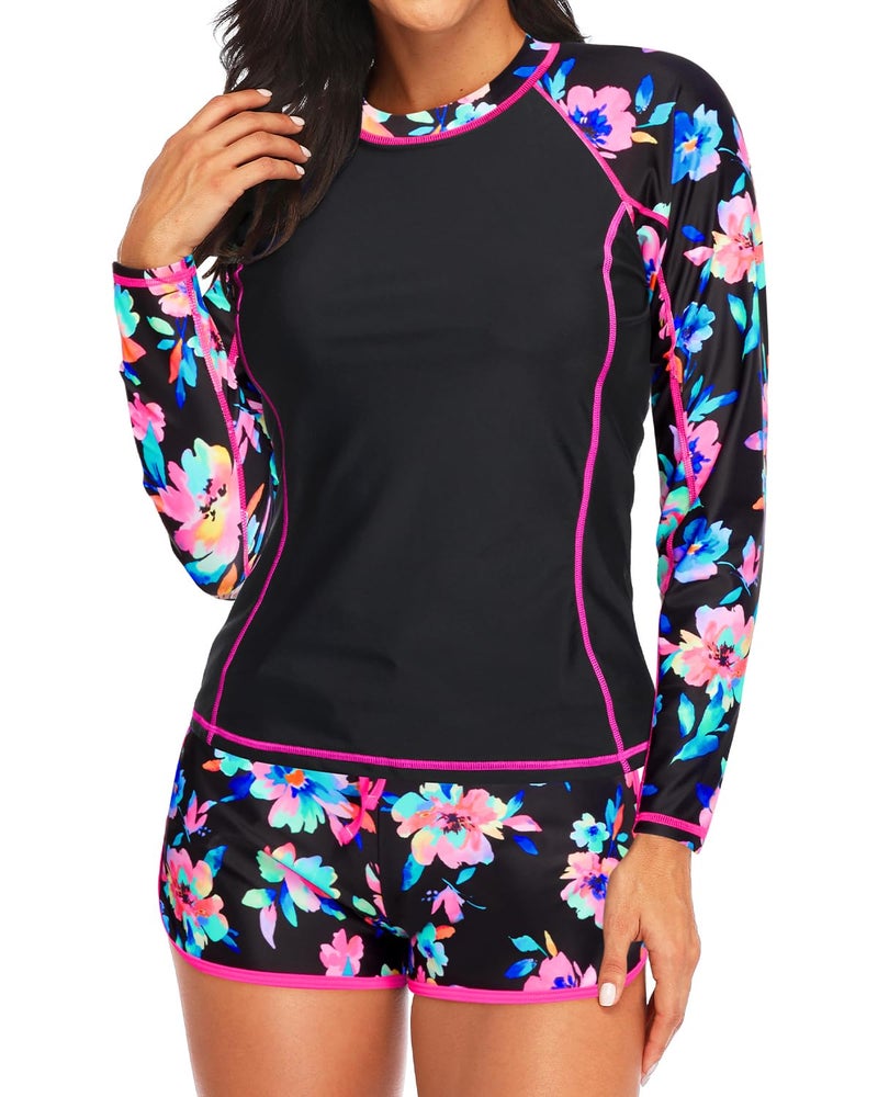 Daci Women's Long Sleeves Rash Guard - 2 Piece Swimsuits with Built in Bra Swim Shirt and Shorts with Pockets Pink Colorful Floral M - Image 3