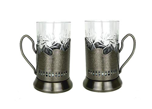 Combination of 2 Russian CUT Crystal Drinking Tea Glasses Wmetal Glass Holders Podstakannik for Hot or Cold Liquids by Belarus