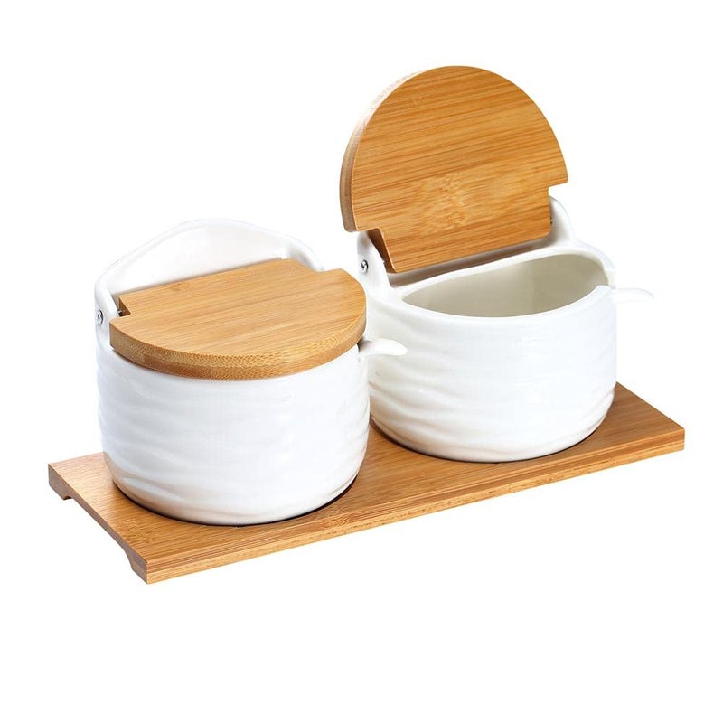 Lucky Goddness Ceramic Sugar Bowl with Bamboo Lids and Spoons Serving Tray Porcelain Sugar Container for Sugar Tea Coffee SpiceSalt Condiment with Chalkboard Labels for Home Kitchen91 fl oz 270 ML 