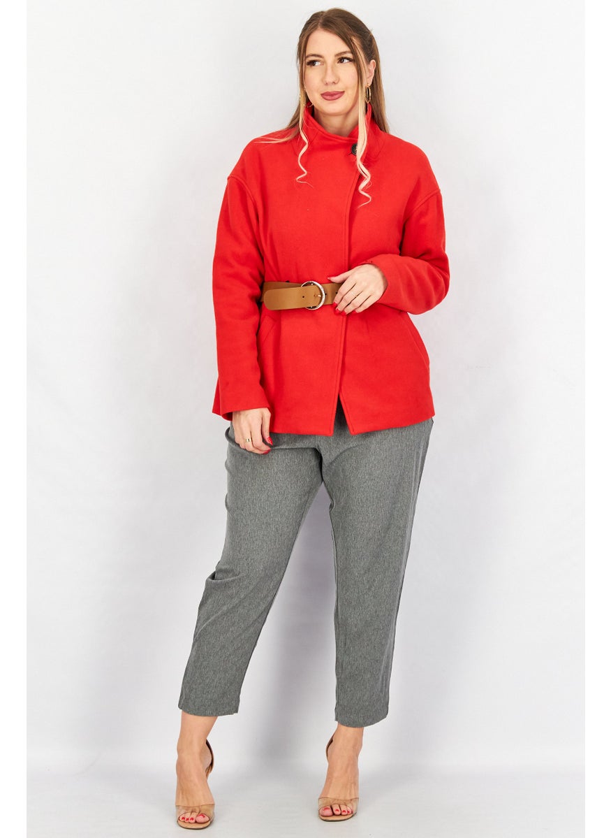 One Step - Women Solid Long Sleeve Belted Trench Coat, Red - Image 1