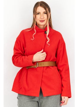 Women Solid Long Sleeve Belted Trench Coat, Red
