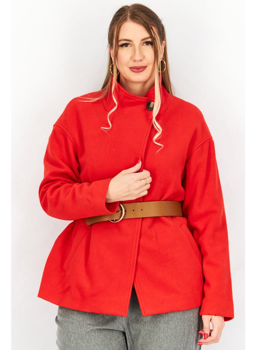 One Step - Women Solid Long Sleeve Belted Trench Coat, Red - Image 1