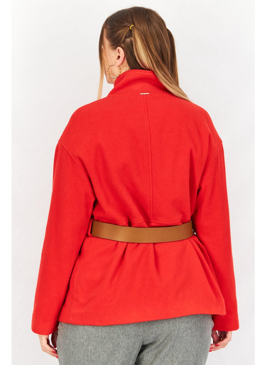 One Step - Women Solid Long Sleeve Belted Trench Coat, Red - Image 1