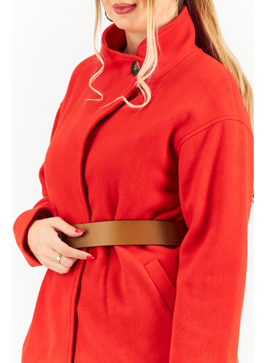 One Step - Women Solid Long Sleeve Belted Trench Coat, Red - Image 1