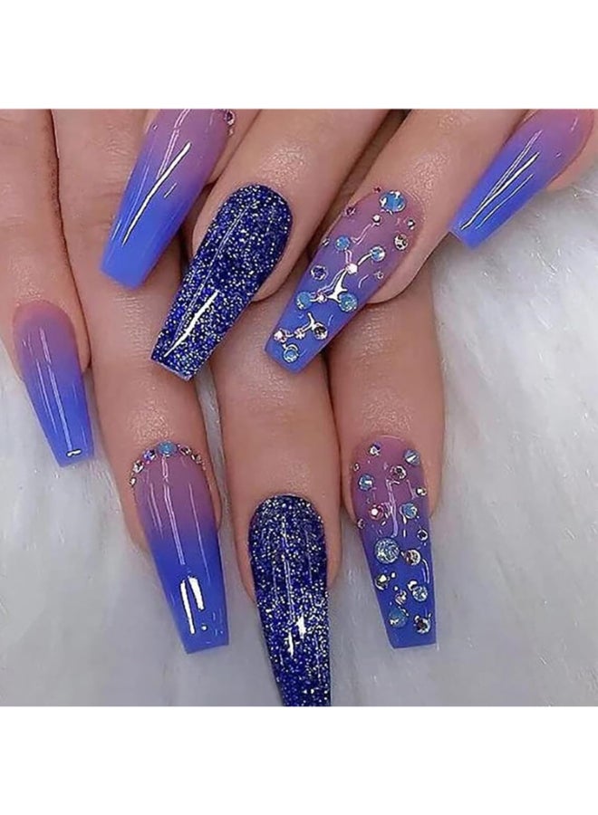 Onsdag 24Pcs Glossy Purple Gradient Press on Nails Square Long Full Cover Artificial Fake Nails with Rhinestone Designs Acrylic Coffin False Nails with Glue Stick on Nails for Women Girls - Image 2