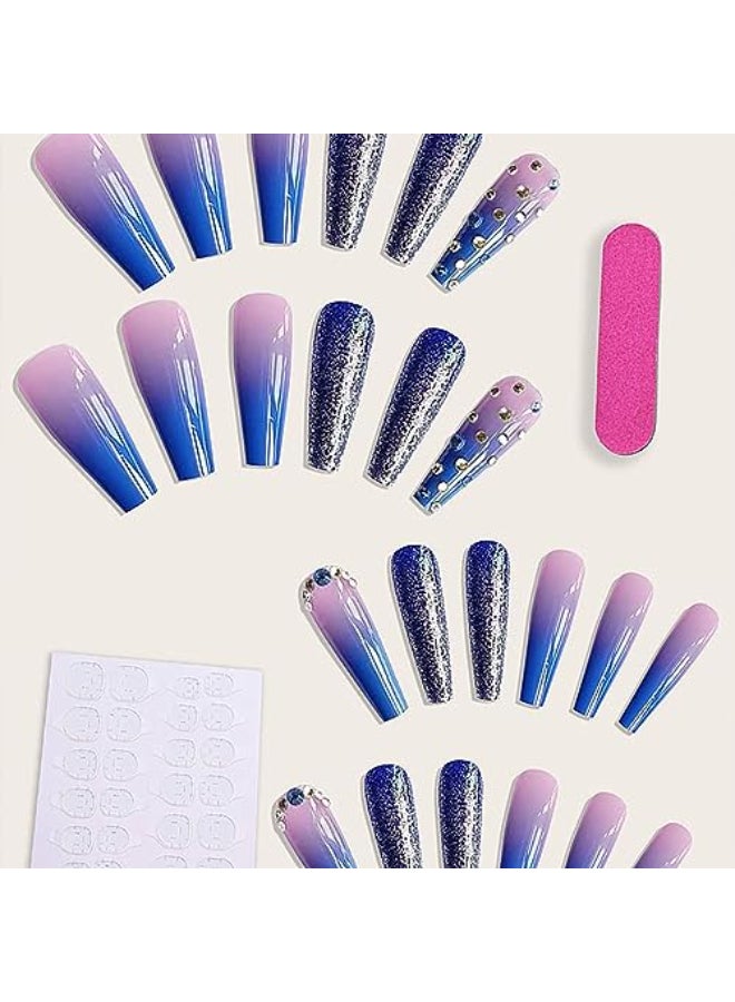 Onsdag 24Pcs Glossy Purple Gradient Press on Nails Square Long Full Cover Artificial Fake Nails with Rhinestone Designs Acrylic Coffin False Nails with Glue Stick on Nails for Women Girls - Image 3