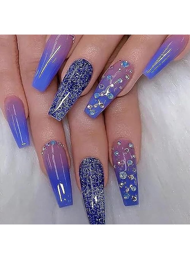 Onsdag 24Pcs Glossy Purple Gradient Press on Nails Square Long Full Cover Artificial Fake Nails with Rhinestone Designs Acrylic Coffin False Nails with Glue Stick on Nails for Women Girls - Image 1