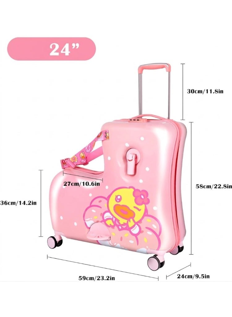 Kids Ride-On Suitcase Hard Shell Trolley Luggage with Pink Duck Design - Image 4