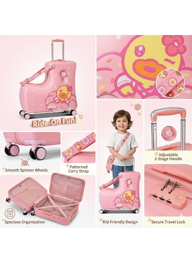 Kids Ride-On Suitcase Hard Shell Trolley Luggage with Pink Duck Design - Image 2