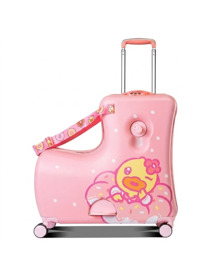 Kids Ride-On Suitcase Hard Shell Trolley Luggage with Pink Duck Design - Image 1
