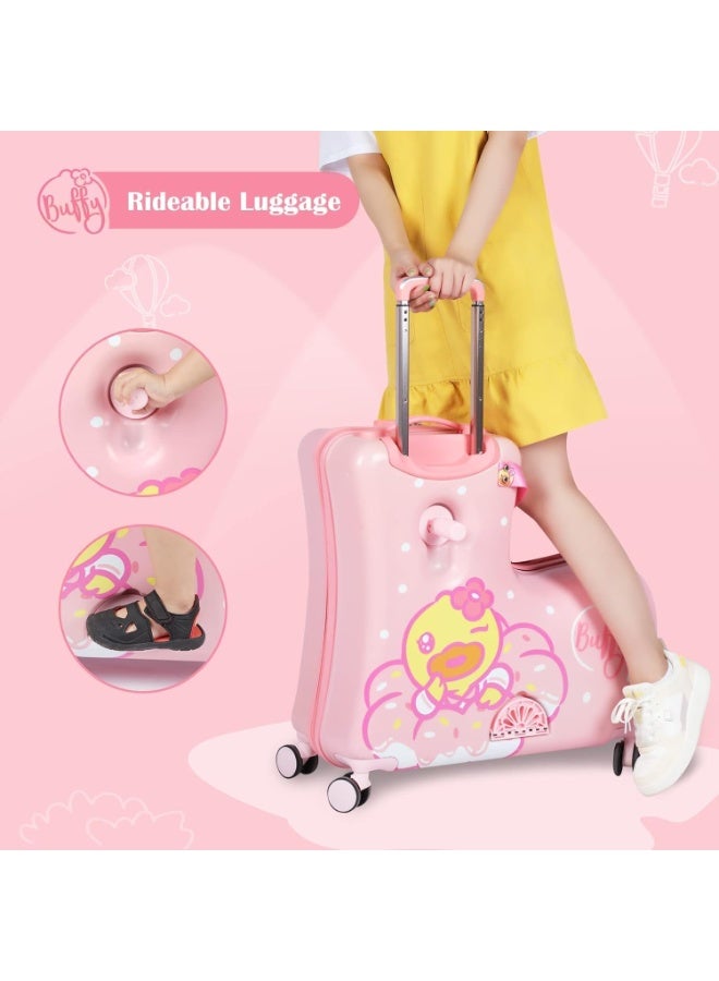 Kids Ride-On Suitcase Hard Shell Trolley Luggage with Pink Duck Design - Image 3
