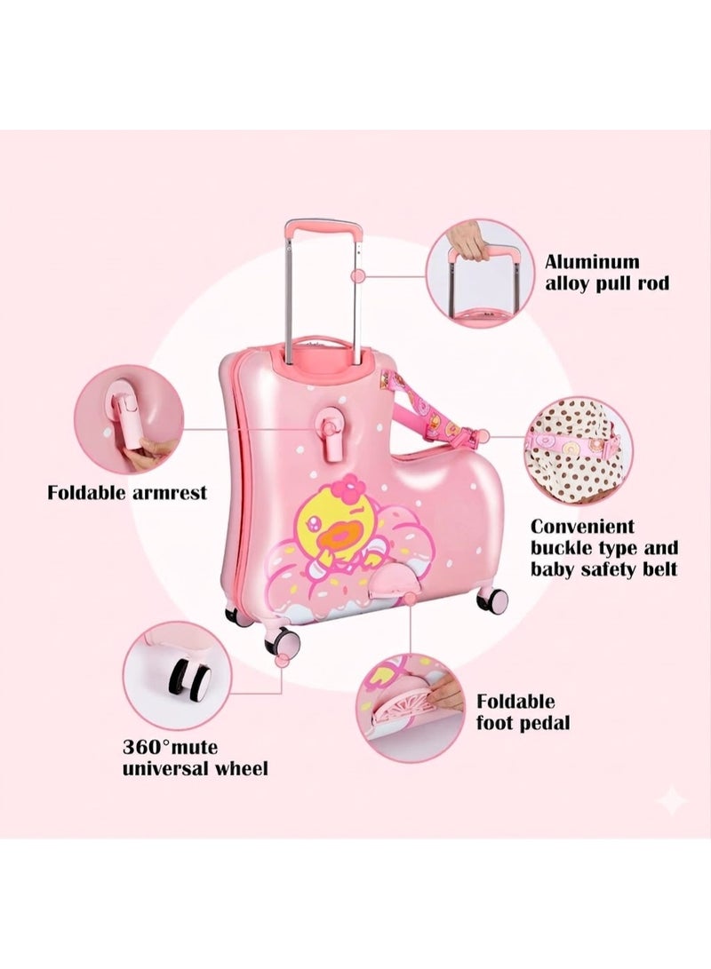 Kids Ride-On Suitcase Hard Shell Trolley Luggage with Pink Duck Design - Image 5