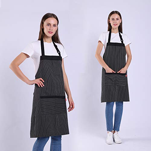 ALIPOBO Aprons for Women and Men, Kitchen Chef Apron with 2 Pockets and 40" Long Ties, Adjustable Bib Apron for Cooking, Serving - 32" x 28" - Black/White Pinstripe - 1 Pcs - Image 3