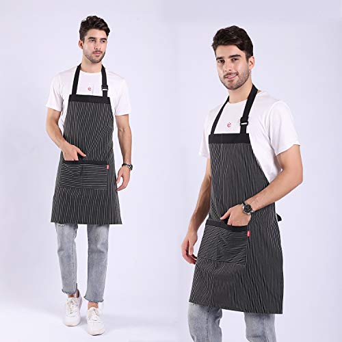 ALIPOBO Aprons for Women and Men, Kitchen Chef Apron with 2 Pockets and 40" Long Ties, Adjustable Bib Apron for Cooking, Serving - 32" x 28" - Black/White Pinstripe - 1 Pcs - Image 2