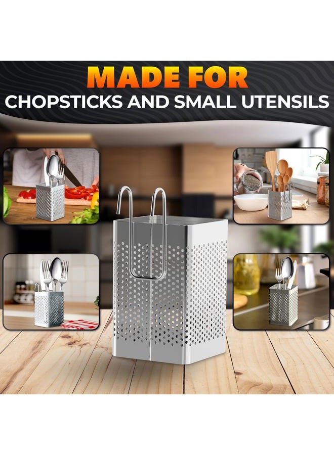 VIKROM Kitchen Utensil Chopsticks Perforated Holder with Hooks - Stainless Steel - Dishwasher Safe - Small Square Caddy 2.5" X 3.9" X 2.5" - Image 5