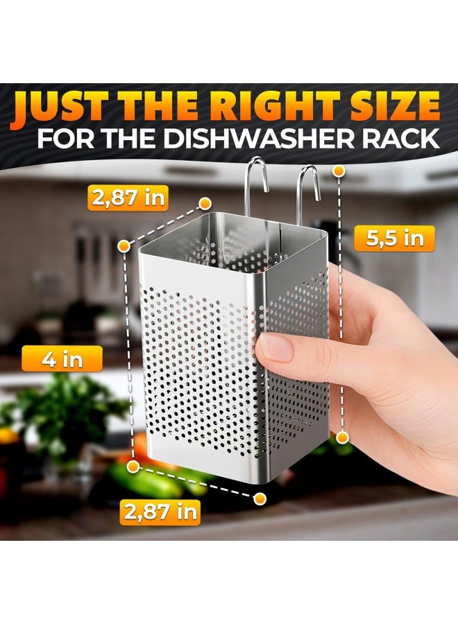 VIKROM Kitchen Utensil Chopsticks Perforated Holder with Hooks - Stainless Steel - Dishwasher Safe - Small Square Caddy 2.5" X 3.9" X 2.5" - Image 2