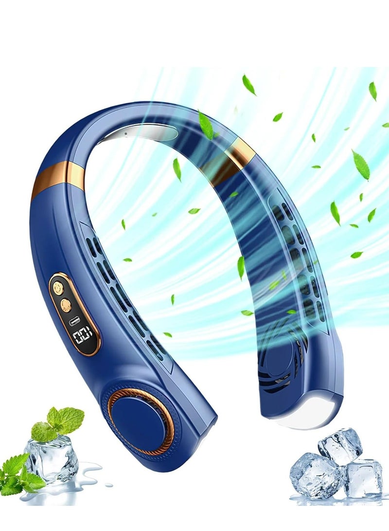 عام مكيف هواء بمروحة للرقبة مع لوحات تبريد، 5 سرعات لنفخ الهواء البارد وإضاءة LED قابلة للتعديل، بطارية 4000 مللي أمبير في الساعة، مروحة شخصية قابلة لإعادة الشحن عبر USB للنساء، سفر تخييم محمول، أزرق - Image 1