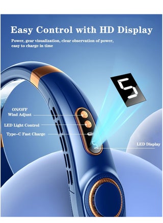 Neck Fan Air Conditioner with Cooling Plates, 5 Speeds Blow Cold Air Adjustable LED light, 4000 mAh Battery USB Rechargeable Personal Fan for Women, Portable Camping Travel, Blue - view 4