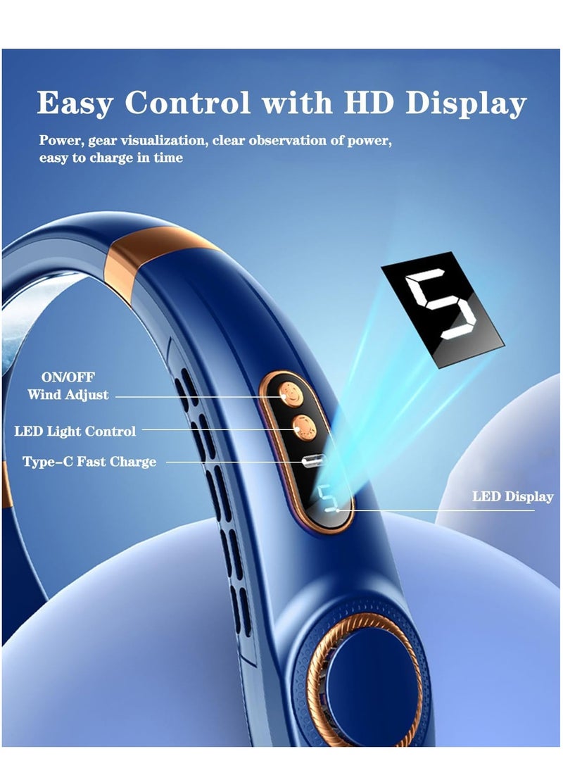 عام مكيف هواء بمروحة للرقبة مع لوحات تبريد، 5 سرعات لنفخ الهواء البارد وإضاءة LED قابلة للتعديل، بطارية 4000 مللي أمبير في الساعة، مروحة شخصية قابلة لإعادة الشحن عبر USB للنساء، سفر تخييم محمول، أزرق - Image 4