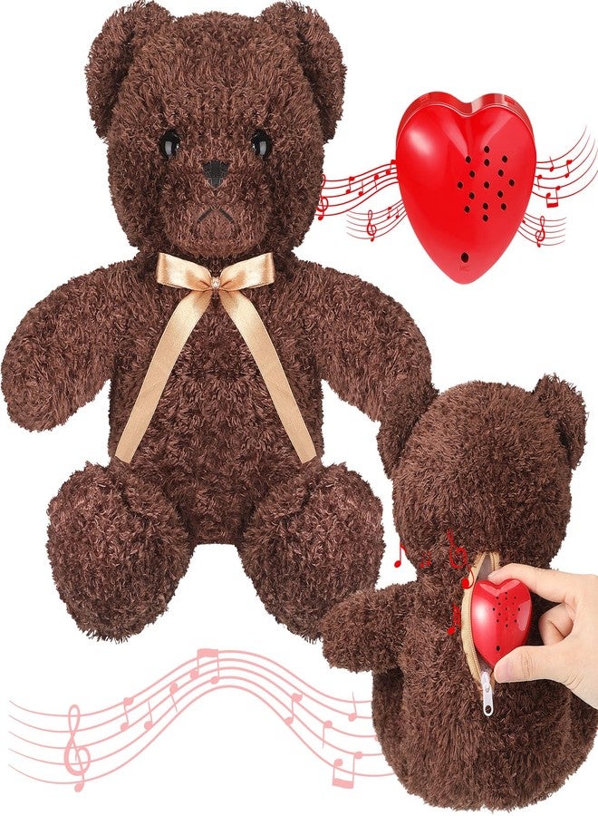 Hungdao Bear Stuffed Animal with Voice Recorder Set, 60 Seconds Heart Shaped Voice Sound Recorder Module 16 Inch Soft Plush Bear with Zipper for Boy Girl Valentines (Dark Brown) - Image 1