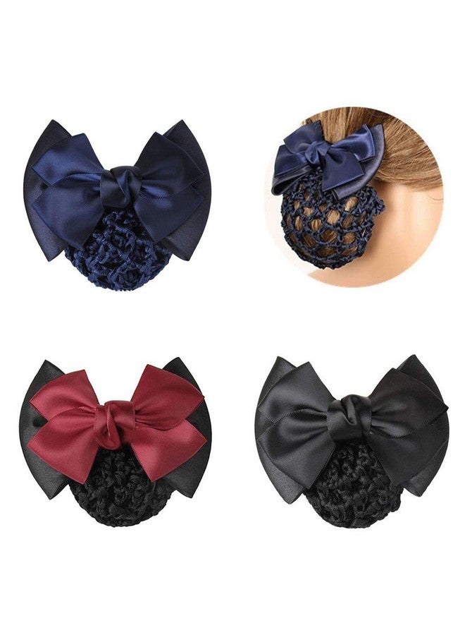 TXIN 3 Pieces Hair Snood Net Bun Cover Knit Hairnet Bow Bowknot Decor Barrette Hair Clip for Women Mesh Work Hairnets, Black & Navy Blue & Red - Image 1