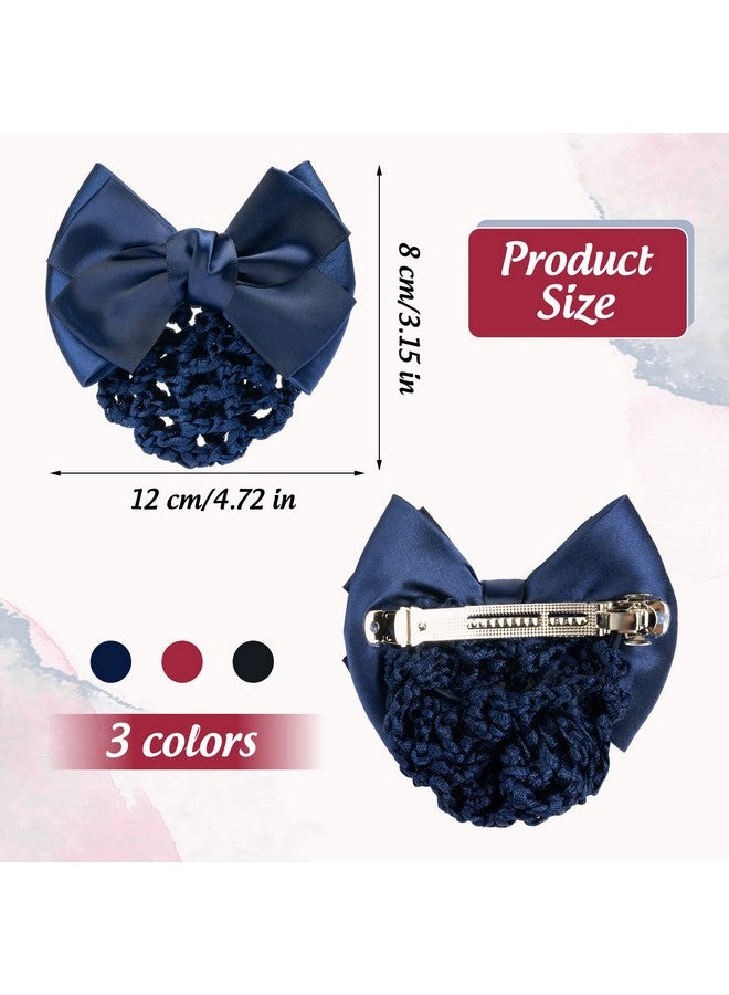 TXIN 3 Pieces Hair Snood Net Bun Cover Knit Hairnet Bow Bowknot Decor Barrette Hair Clip for Women Mesh Work Hairnets, Black & Navy Blue & Red - Image 2