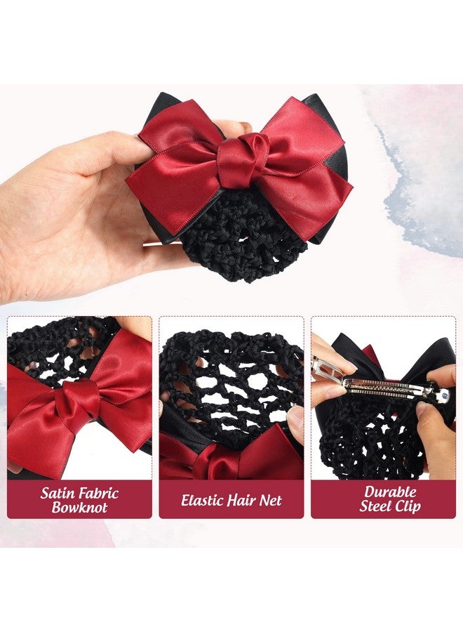 TXIN 3 Pieces Hair Snood Net Bun Cover Knit Hairnet Bow Bowknot Decor Barrette Hair Clip for Women Mesh Work Hairnets, Black & Navy Blue & Red - Image 3