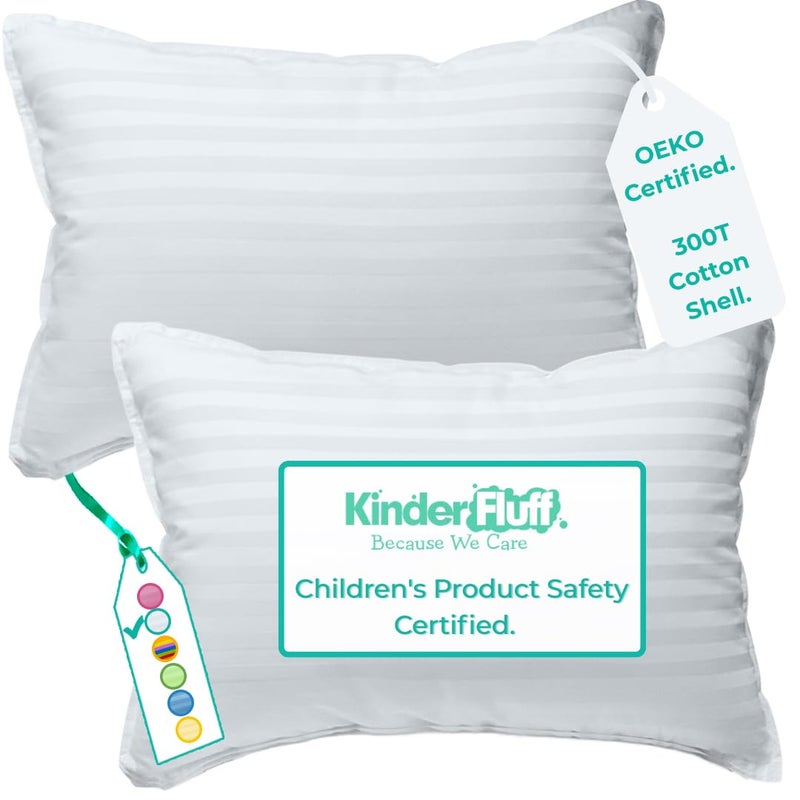 kinder Fluff Toddler Pillow (2X)-The Only Baby Pillow with 300T Cotton & Down Alternative Fill for Baby Crib & Toddler Bed- Neck Pillow for Kids as Nursery Floor Pillow- Toddler Pillows for Sleeping