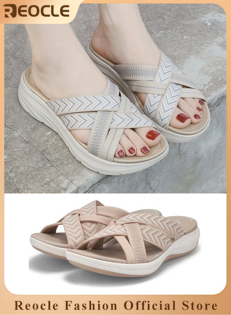 REOCLE Women's Sandals Round Headed Slippers Open Toe Sandals Comfortable Shoes Casual Flat Slippers Lightweight Slip On Thick Cushion Slippers - Image 1