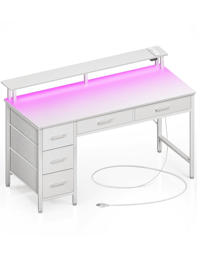 Seventable Computer Desk with Power Outlets  LED Light 47 inch Home Office Desk with 5 Drawers Writing Desk with Monitor Stand Work Desk for Home Office White