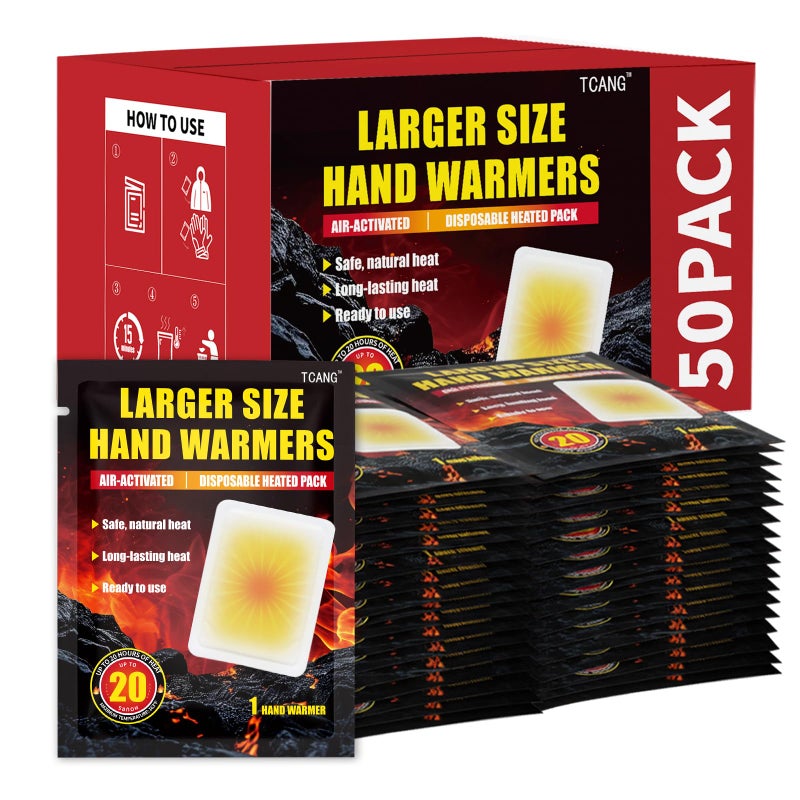 TCANG 50 Pack Disposable Hand Warmers - Up to 20 Hours of Heat - Super Long Lasting Air Activated Warmers, All Natural & Portable for Body, Hands & Toes - Odorless Hot Warmer - Image 1
