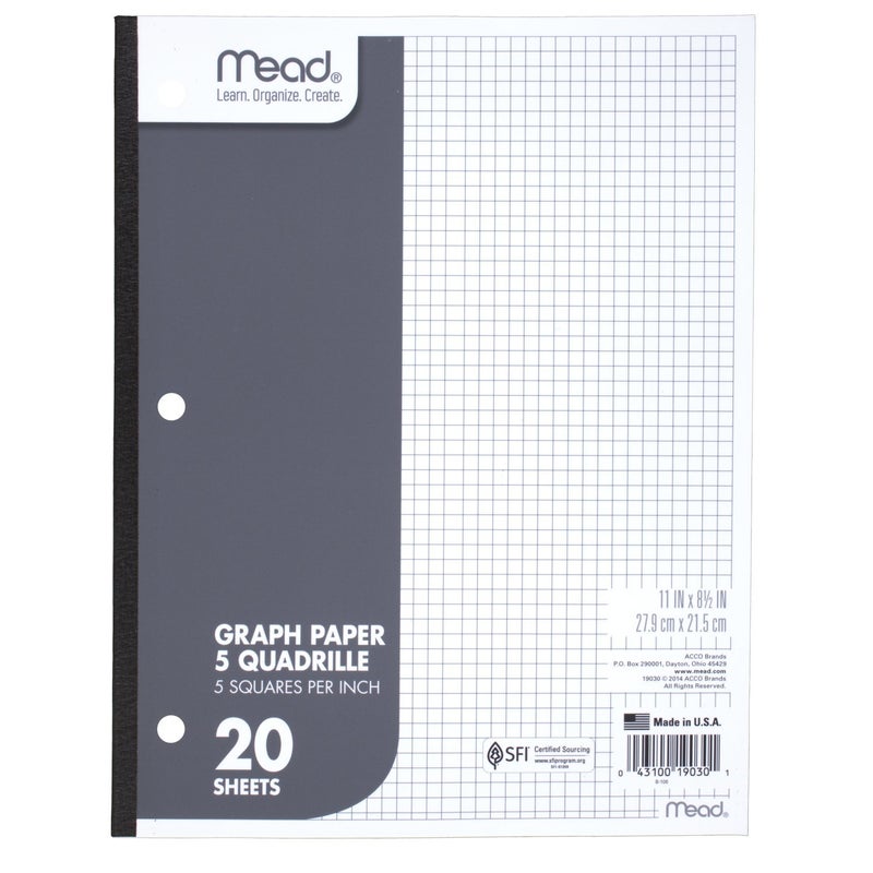 Mead Graph Paper Pad, Quadrille, 5 Squares per Inch, 11" x 8-1/2", 20 Sheets, 1 Pack (19030) - Image 1