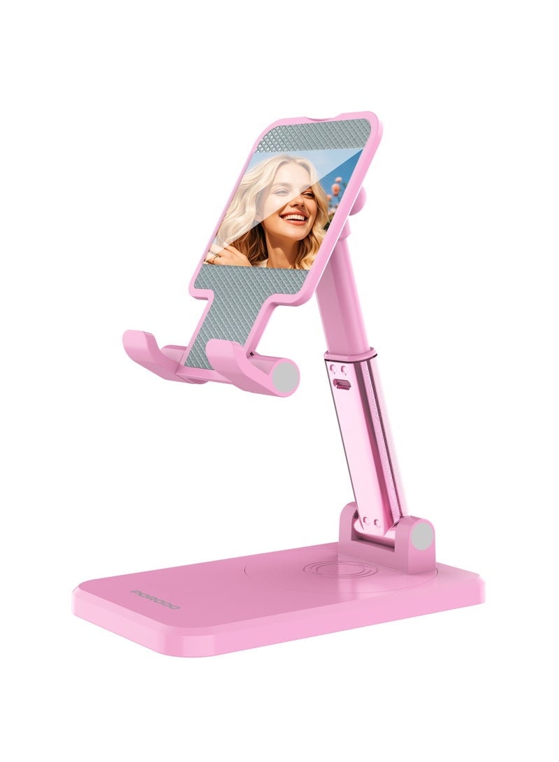 porodo Desktop Phone & Tablet Stand with Adjustable Telescopic Rod/ Rotating Desktop Phone Holder/ Horizontal & Vertical Tablet Stand/ Adjustable & Foldable Stand with Anti-Slip Base - Pink - Image 1