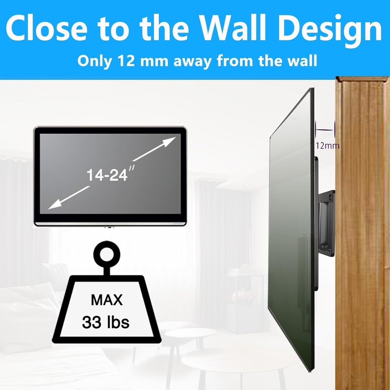 TETVIK Monitor Wall Mount Most 14-24“ TVs Computer Universal Low Profile RV TV Wall Mount VESA Up to 100x100mm Max Weight 30lbs Fits 15 19 20 22 23 Inch Camper Small Monitor Mount Bracket - Image 3