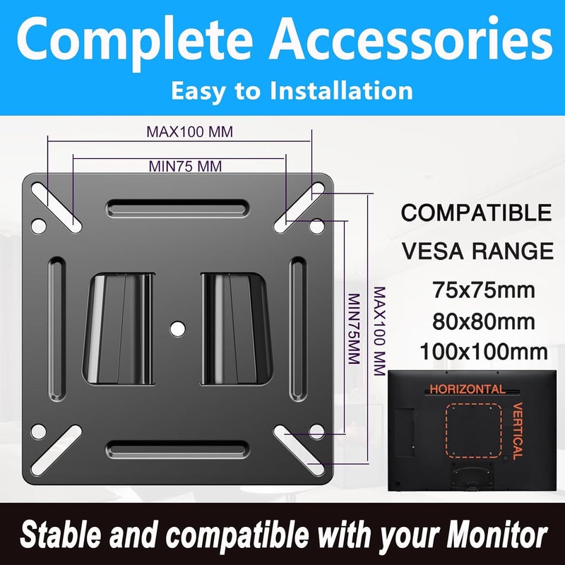 TETVIK Monitor Wall Mount Most 14-24“ TVs Computer Universal Low Profile RV TV Wall Mount VESA Up to 100x100mm Max Weight 30lbs Fits 15 19 20 22 23 Inch Camper Small Monitor Mount Bracket - Image 5