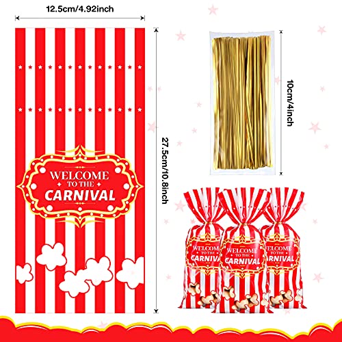 Epakh 100 Packs Carnival Candy Bags Circus-themed Plastic Party Treat Bags with Popcorn Pattern and Gold Twisted Ties for Carnival Birthday Party Favors, Cookies, and Cupcakes (Simple) - Image 2