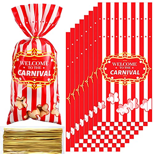 Epakh 100 Packs Carnival Candy Bags Circus-themed Plastic Party Treat Bags with Popcorn Pattern and Gold Twisted Ties for Carnival Birthday Party Favors, Cookies, and Cupcakes (Simple) - Image 1