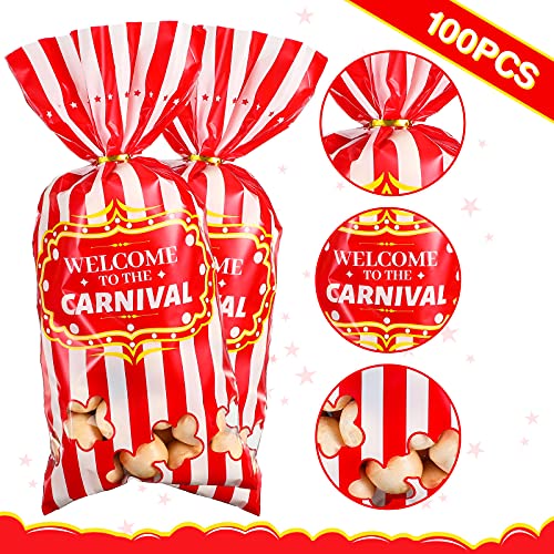 Epakh 100 Packs Carnival Candy Bags Circus-themed Plastic Party Treat Bags with Popcorn Pattern and Gold Twisted Ties for Carnival Birthday Party Favors, Cookies, and Cupcakes (Simple) - Image 4