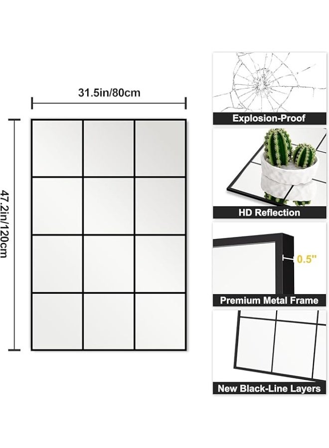 فيبارتي مرآة حائط عصرية بنمط نافذة (80×120 سم) - مرآة كبيرة بإطار معدني أسود غير لامع وشبكة زخرفية | تركيب أفقي ورأسي لغرفة المعيشة والمدخل وغرفة النوم وطاولة الزينة - Image 2