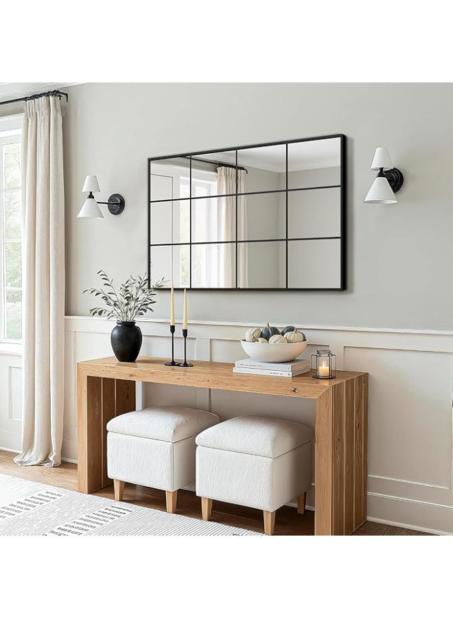 فيبارتي مرآة حائط عصرية بنمط نافذة (80×120 سم) - مرآة كبيرة بإطار معدني أسود غير لامع وشبكة زخرفية | تركيب أفقي ورأسي لغرفة المعيشة والمدخل وغرفة النوم وطاولة الزينة - Image 4